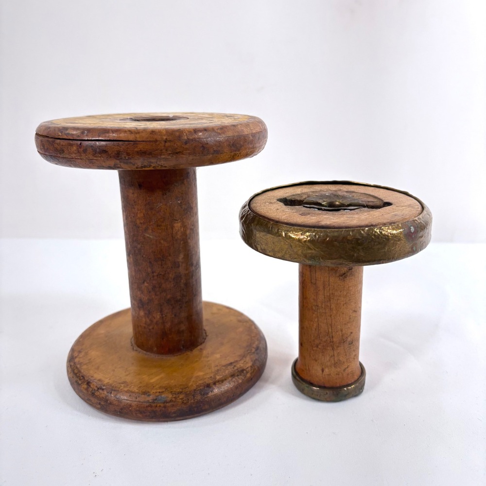 Vintage Industrial Wood Textile Spools Set of 2 Brown Yellow Metal Trim Bobbins